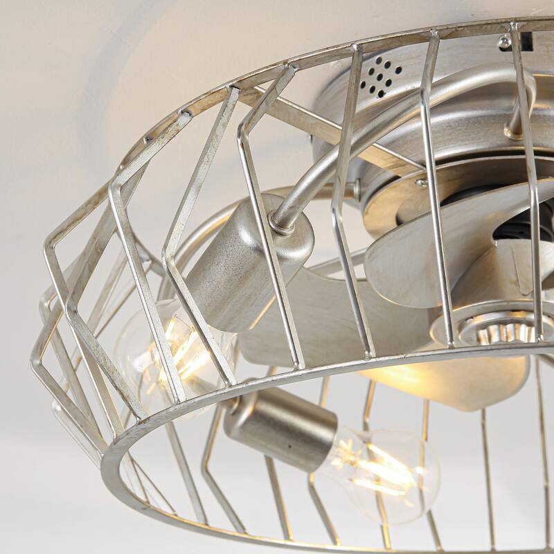 19.7" Vintage Silver Metal 6-Speed Caged Ceiling Fan with Light Kit, Remote and App