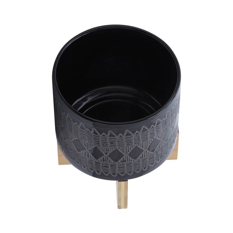8-inch Ceramic Planter on Wooden Stand