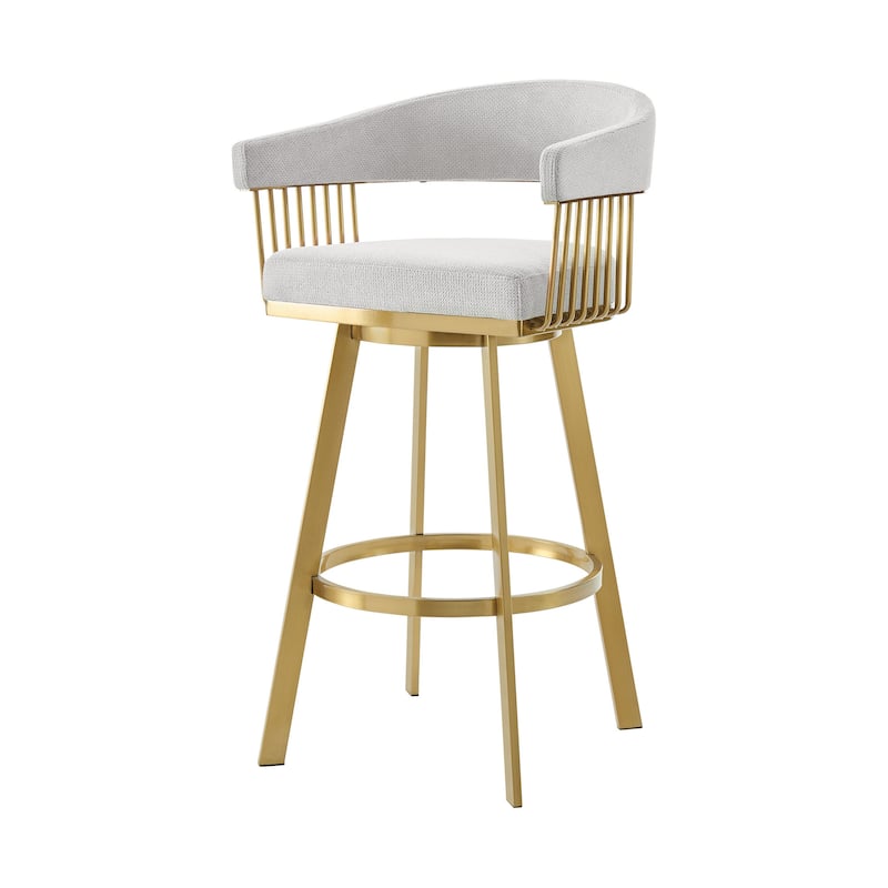 HomeRoots 30" Silver and Gold Fabric and Stainless Steel Low Back Bar Height Swivel Bar Chair