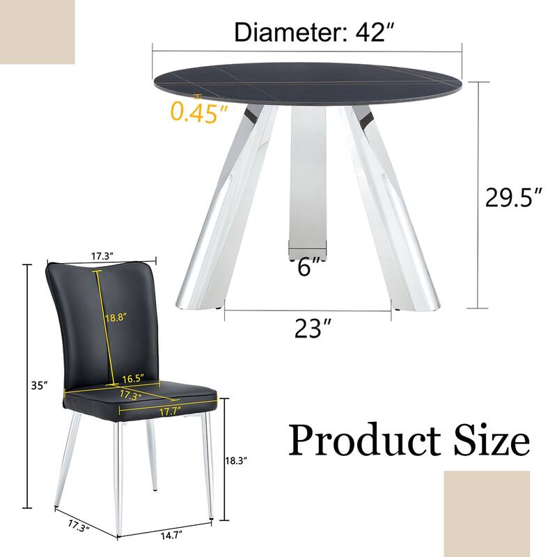 Sintered Stone Dining Table and Chair Set Mirror-polished Stainless Steel Base 4 White PU Chairs Round Dining Table