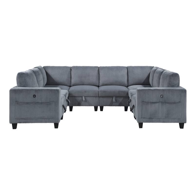 8-Piece Modular Sectional with Storage, Pockets, Ports in Dark Gray Corduroy, Solid Wood