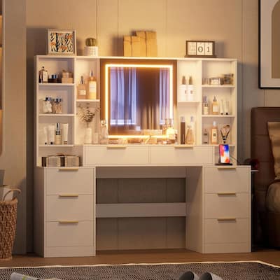 Makeup Vanity Desk with Mirror and Lights, 54" Large Vanity Table with 8Drawers & Open Storage Shelves, Brightness Adjustable