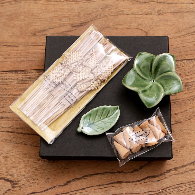 Novica Handmade Scented Frangipani Ceramic Incense Set - Brown