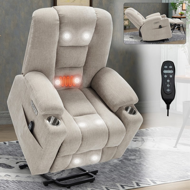 Large Power Lift Recliner with Massage & Heat - Heavy Duty Wide Recliner Chair for Elderly, USB/Type-C Charging, Cup Holders - Beige