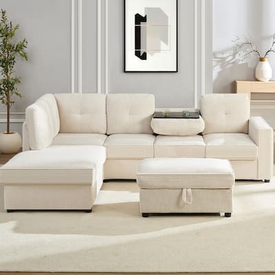 Mixoy 98’‘Multi-Functional Corduroy Upholstered Sofa Bed with Foldable Backrest Converts toTable,Cup Holde,Storage Ottoman