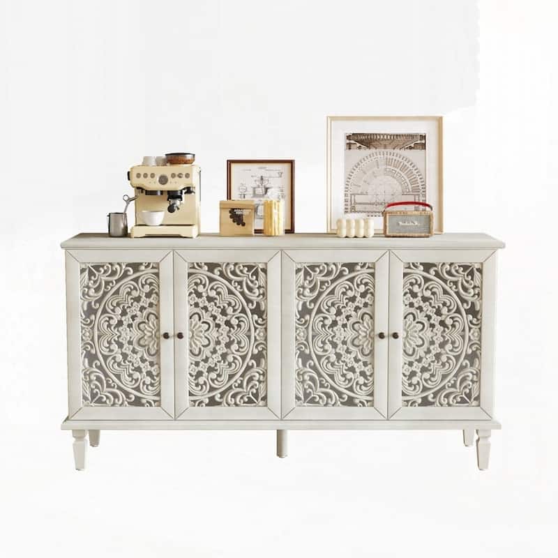 Carved Flower Door Large Storage Cabinet With Metal Handle