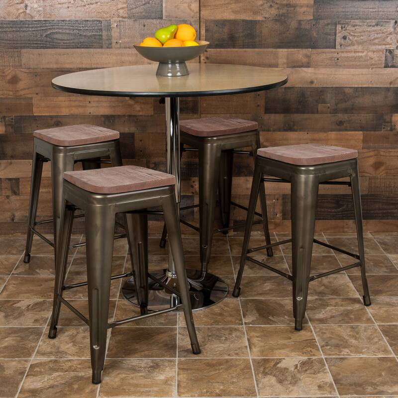 4 Pack 24" High Metal Indoor Counter Bar Stool with Wood Seat - Stackable Stool - Gun Metal