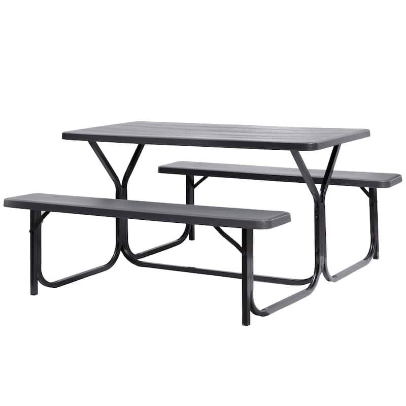 Outdoor Woodgrain Picnic Table Set with Metal Frame, Gray - Grey