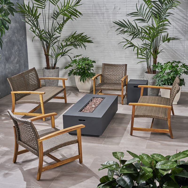 Augusta Outdoor Acacia Wood and Wicker 6 Seater Chat Set with Fire Pit by Christopher Knight Home