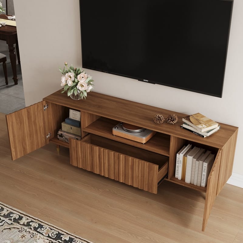 71" Mid-Century Modern Brown Wood Living Room TV Stand with Storage Cabinets & Open Shelves