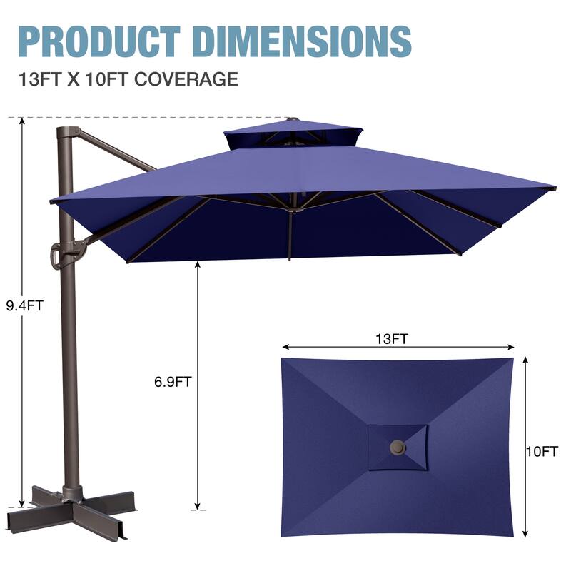 VredHom Outdoor 10x13 Ft Patio Dual Wind Vent Offset Cantilever Umbrella