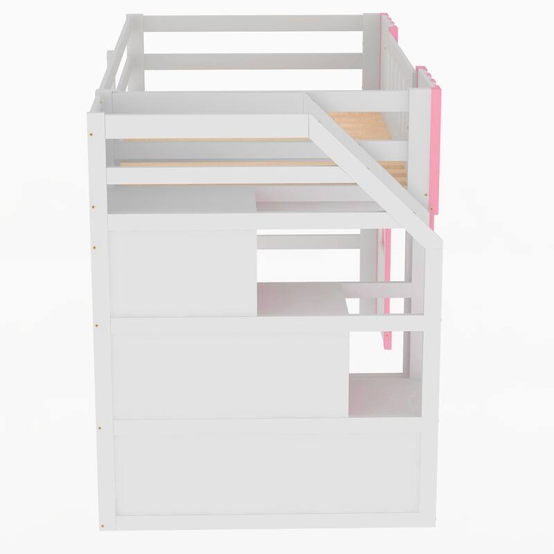 Pink Twin Size Loft Bed with Storage Staircase and Window