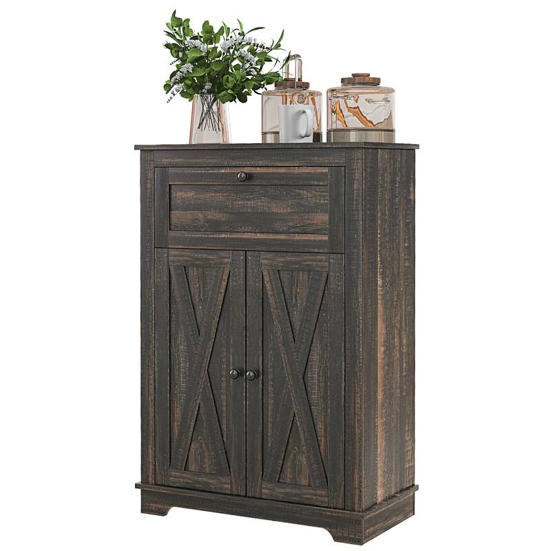 Farmhouse Barn Door Accent Cabinet, Kitchen Sideboard Storage Cabinet with Double Doors, Drawer, and Adjustable Shelf