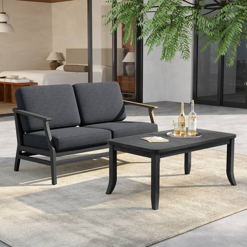 Outdoor Loveseat Sofa with Coffee Table Teak Wood Patio Furniture - BlackFrame-Dark Grey