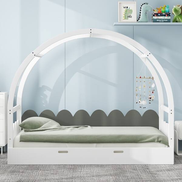 slide 2 of 9, Twin Size Pine Wood Frame Platform Bed with Stretchable Vaulted Roof, Children's Bed with Recess Handle, White+Gray