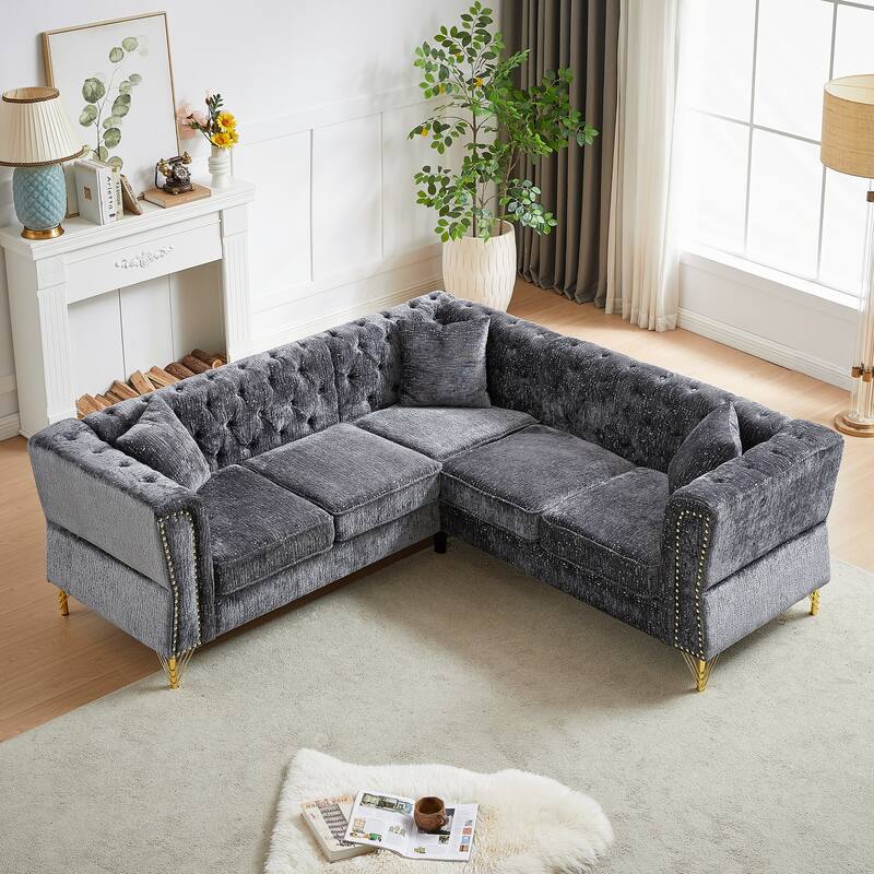 Grey 81.5" Chenille L-Shaped 5-Seater Sofa with Cushions