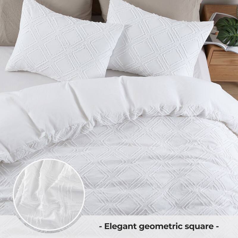Soft Microfiber Clipped Duvet Cover & Pillowcase Set - White/Square - Twin