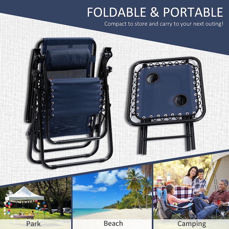 3-Piece Adjustable Recliner Chair with Cup Holders & Pillows, Rustproof Foldable Lounge Chair with Side Table