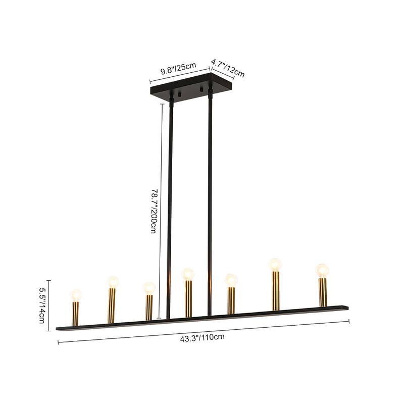 Minimalist 7-Light Black Brass Candle Linear Island Chandelier - 43.3 Inches