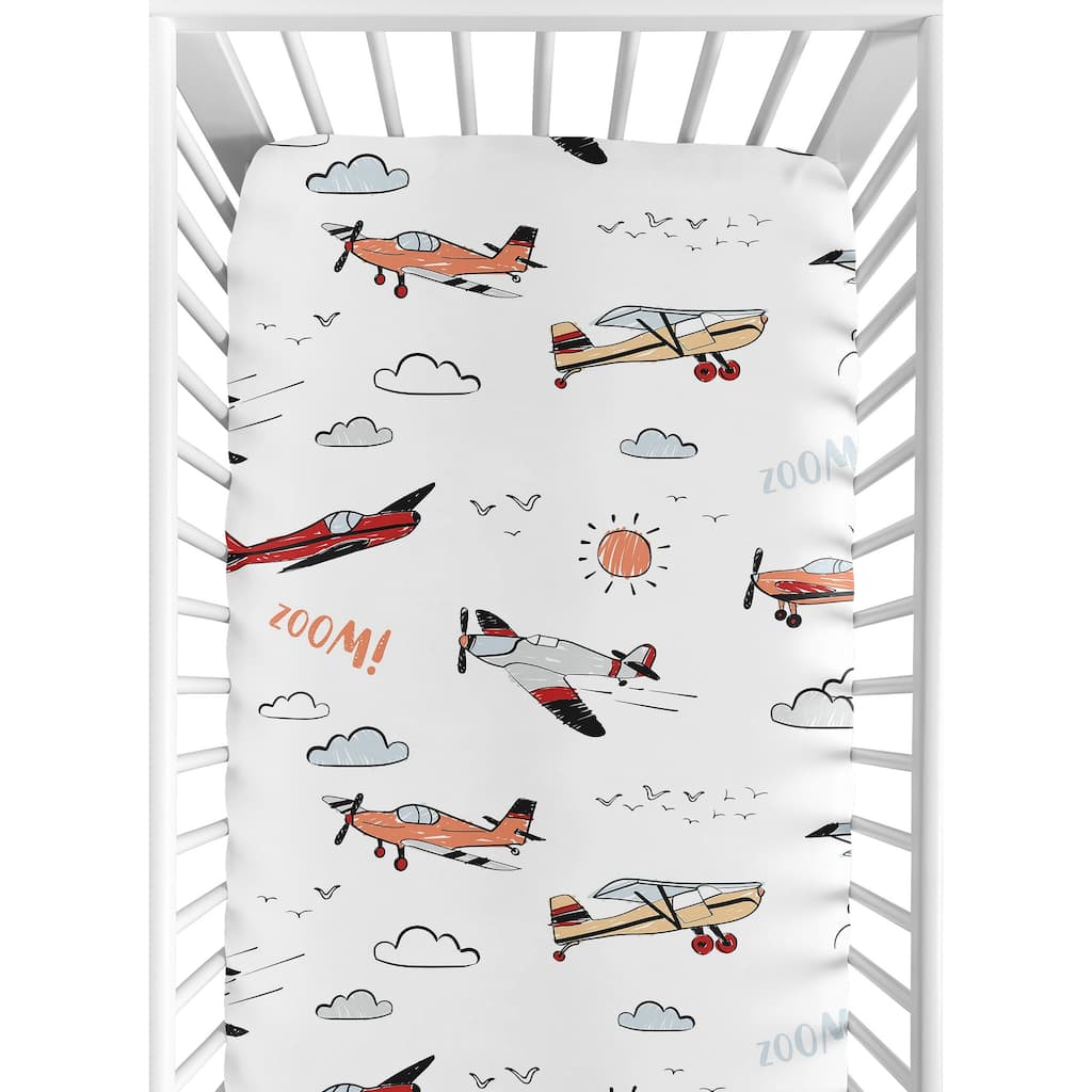 Vintage Airplane Boy Fitted Crib Sheet - Grey Yellow Orange Red White and Blue Airplanes Air Plane Transportation Clouds Sun Sky