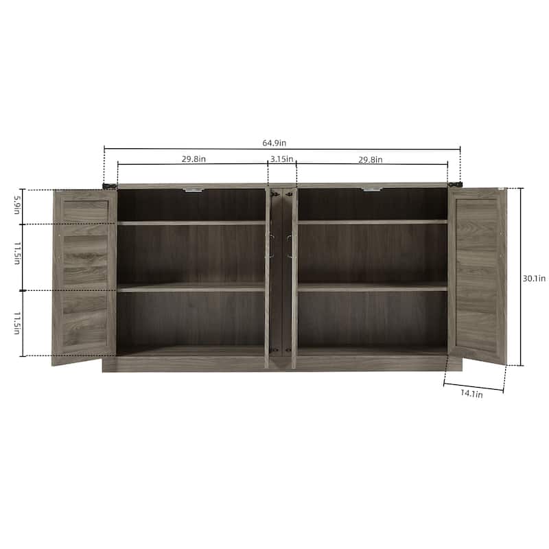 Faux Rattan 4-Barn Doors Sideboard with Adjustable Shelf