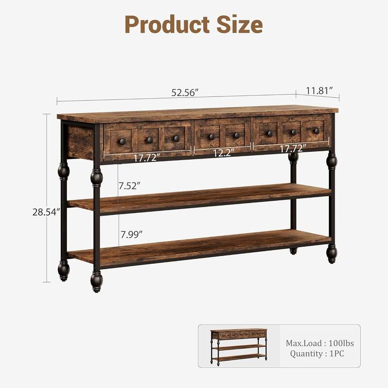 53" 3-Tier Console Sofa Table, Entryway Table with 3 Drawers
