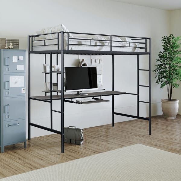 slide 2 of 10, Furniture of America Landers Modern Black Twin Metal Loft Bed with Keyboard Tray and Attached Side Ladder Black