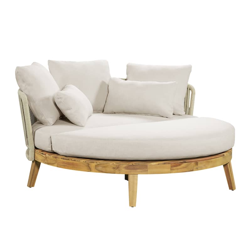 Christopher Knight Home - Martin 60" Outdoor Round Acacia Wood Daybed with Handwoven Rope Backrest & Cushions