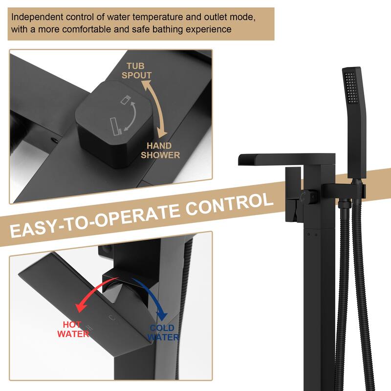 Freestanding Bathtub Faucet Waterfall Tub Filler Brushed Nickel Floor Mount Brass Bathroom Faucets with Hand Shower