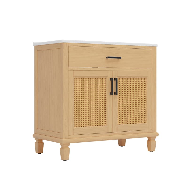 Roomfitters 36" Rattan Bathroom Vanity with Ceramic Sink, Modern Cabinet with Soft-Close Doors and Storage units