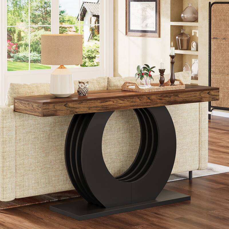 Industrial Sofa Console Table with Round Metal Base for Entryway