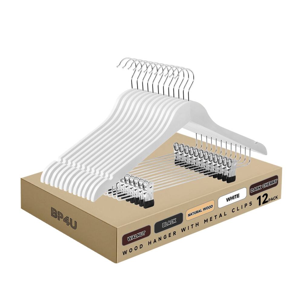 BP4U Solid Wood Hangers with Adjustable Metal Clips, Wooden Hangers for Suits, Coats, Jackets, Pants, Dresses, Skirts, Pants