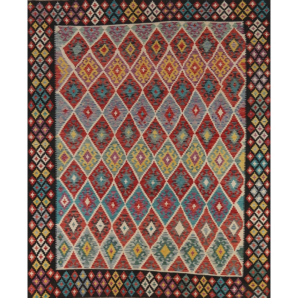 Reversible Oriental Kilim Area Rug Hand-Woven Multi-Color Wool Carpet - 8'3" x 9'8"