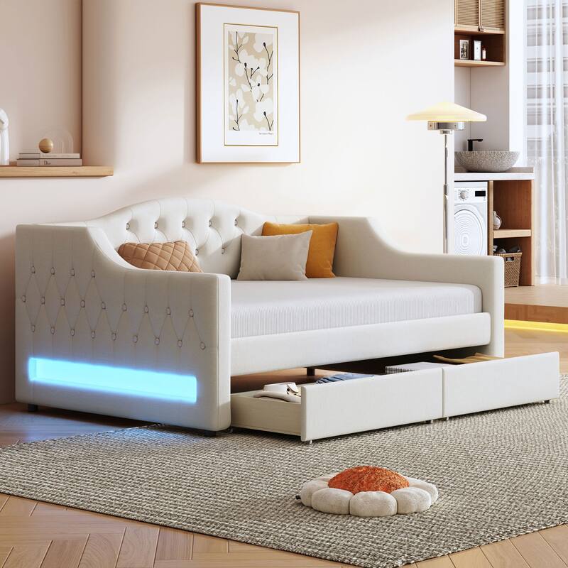 Twin XL Size Daybed with 2 Storage Drawers & LED Light, Linen Upholstered Sofa Bed Frame with Cover Backrest & Solid Wood Slats - Beige - Twin XL