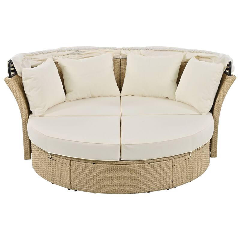Outdoor Patio Daybed, Outdoor Furniture Set with Retractable Canopy, Patio Wicker Rattan Round Sofa with 4 Pillows