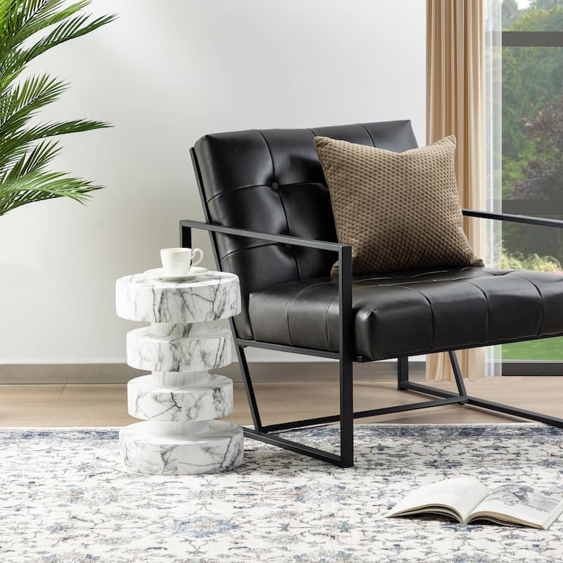 Glitzhome 18"H Modern Antique Gold/White MGO Floating Disks Side Table or Accent Stool - 12"L x 12"W x18"H