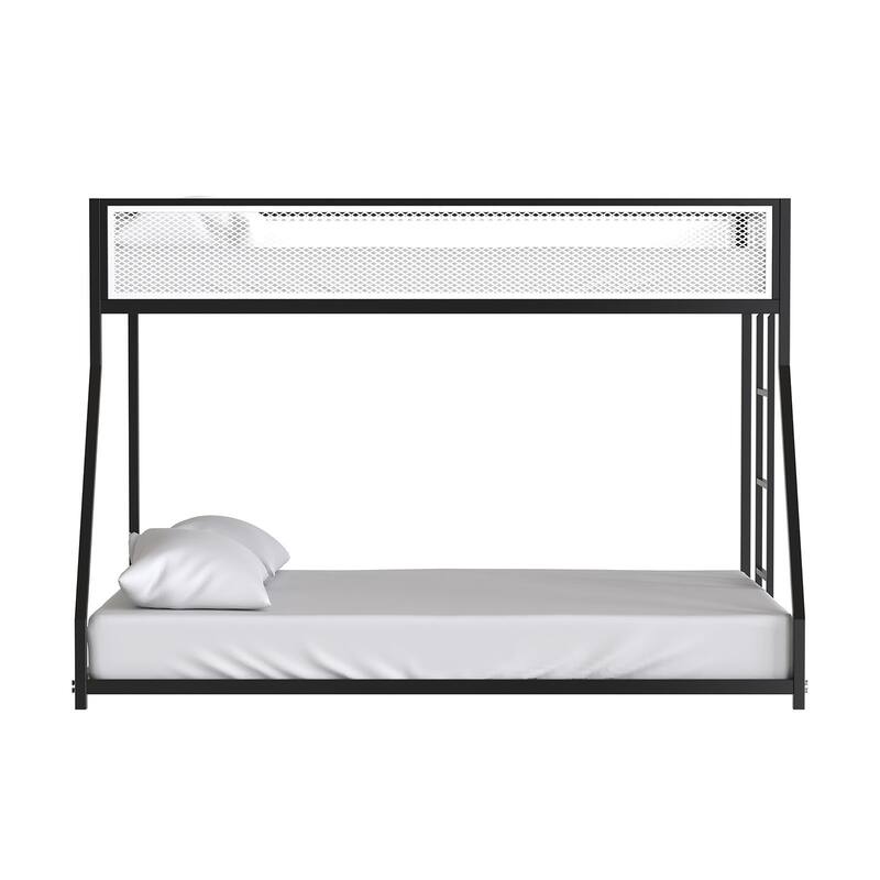 Contemporary Twin Over Full Metal Bunk Bed with Ladder, Black Finish, Mattress Ready