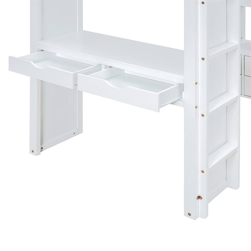 Twin Size Loft Bed with large shelves, writing desk and LED Light
