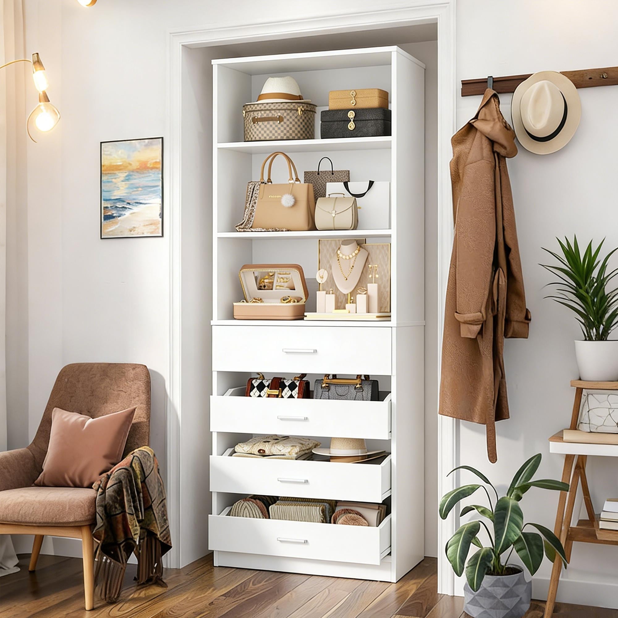 Freestanding Closet System with 4 Drawers ＆ 4 Shelves,Wooden Closet Organizer Wardrobe Cabinet for Walk-in/Reach-in Closet