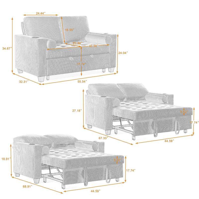 2 Set Corduroy Convertible Sleeper Sofa Bed Loveseats with Cup Holder, USB Ports