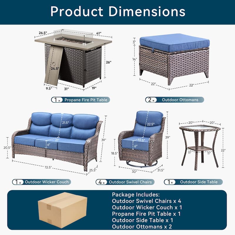 Pocassy Outdoor 6 Inch Sofa Swivel Chairs Ottoman with Fire Table Set