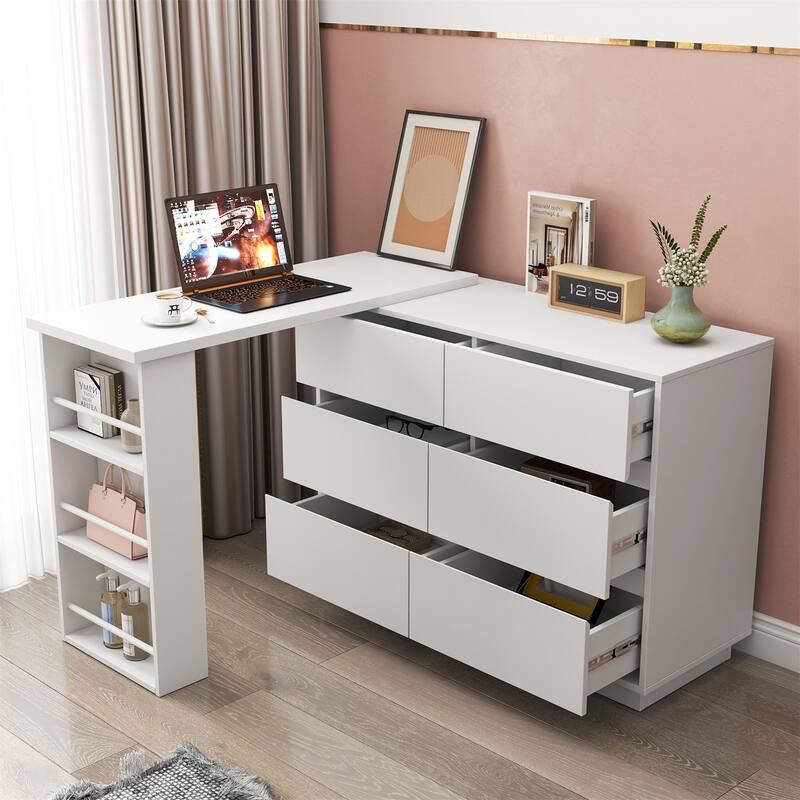 L-Shaped Desk and Vanity Combo with 6 Drawers and Extendable Tabletop