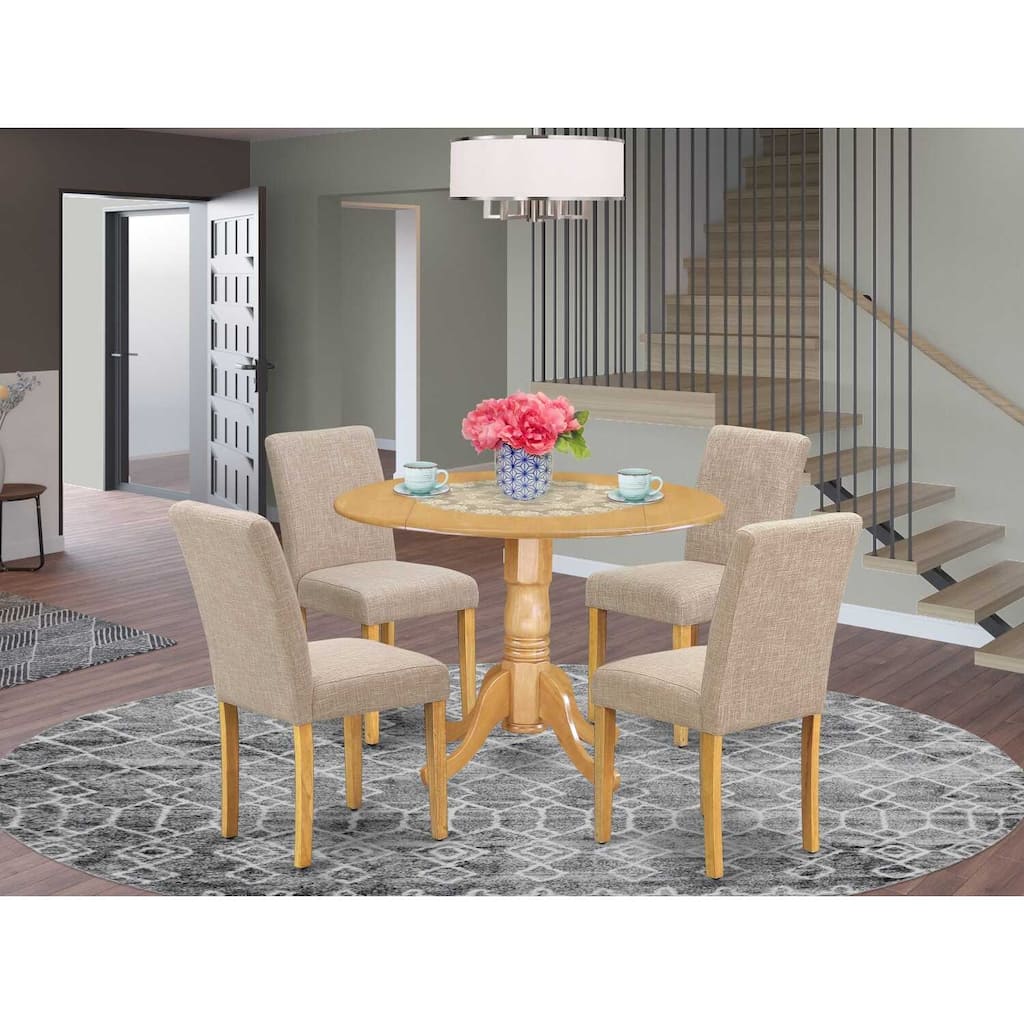 HomeStock 5-Piece Round Natural Oak Finish Solid Wood Top Dining Table with 4 Parson Chair with Drop Leaf Lattice Back