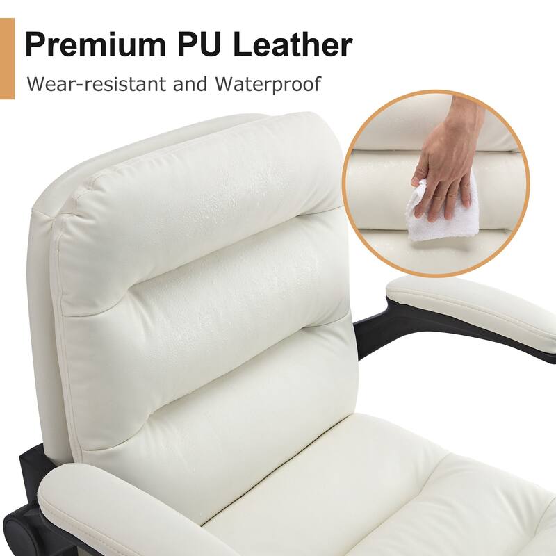 Javlergo White PU Leather Office Chair Adjustable Back 360° Swivel Chair with Flip-Up Arms Ergonomic Desk Chair for Home Office