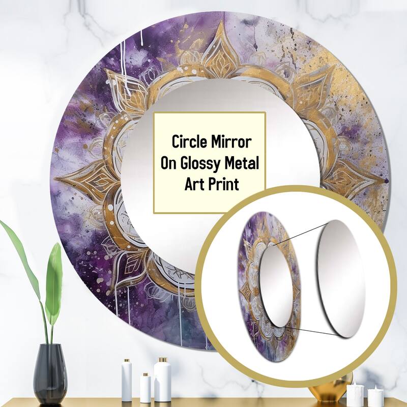 Designart "Purple And Gold Mandala I" Boho Mandala Living Room Mirror - Purple Traditional Round Mirror