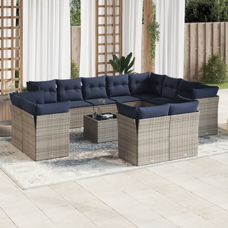 vidaXL Patio Sofa Set with Cushions Outdoor Conversation Furniture Poly Rattan - 21.7" x 24.4" x 27.2" - Beige and gray with table