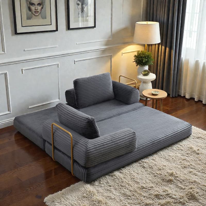 Convertible Sofa Bed Futon, Corduroy Folding Floor Couch with Pillows, Boneless Sleeper Mattress for Living Room