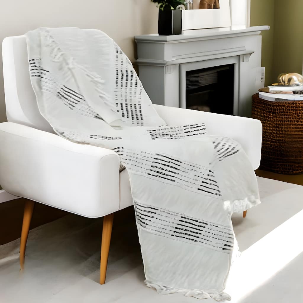 HomeRoots Beige and Gray Woven Cotton Throw Blanket with Fringe