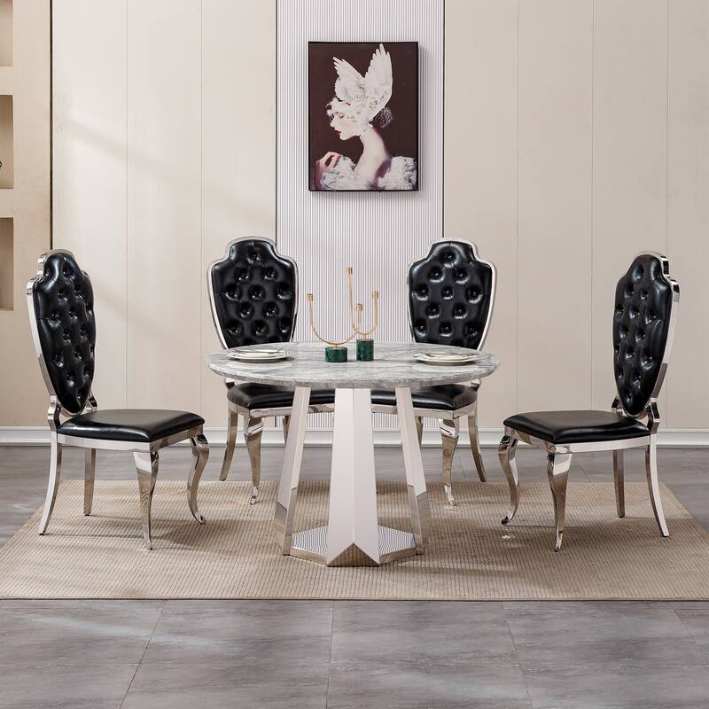 47" Round Dining Table with Faux Marble Tabletop and Stainless Steel Base - Gray+Silver