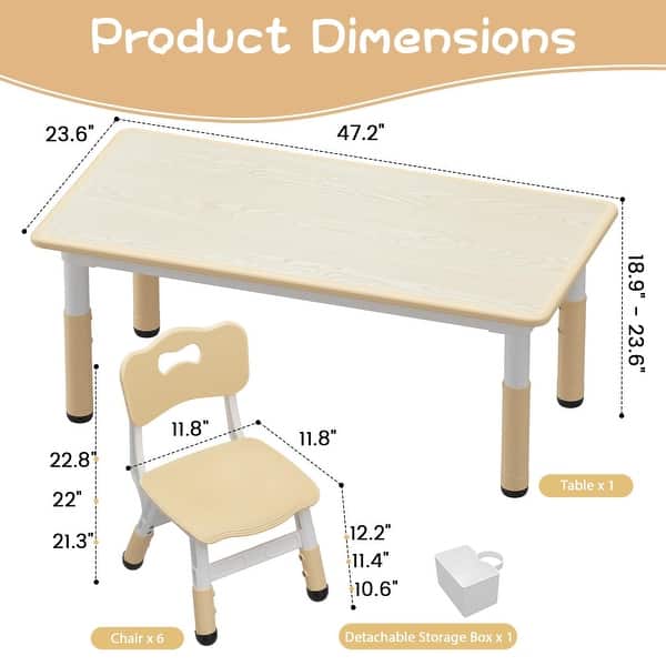 dimension image slide 3 of 6, Kids Table and 6 Chair Set with Storage Box, Height Adjustable Toddler Table